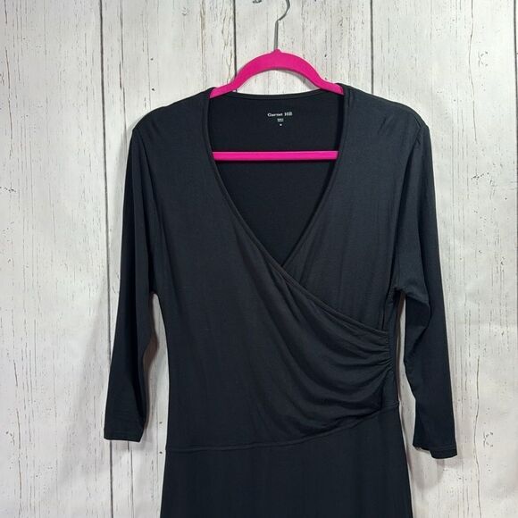 Garnet Hill Black Faux Wrap Dress Quiet Luxury Classic Minimalist 3/4 Sleeve - Picture 7 of 15